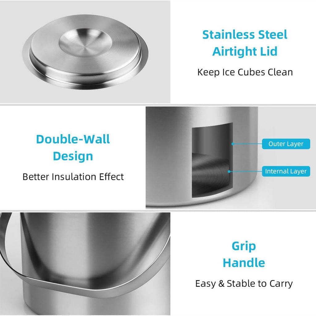 4L Double-Wall Stainless Steel Ice Bucket with Lid & Tongs