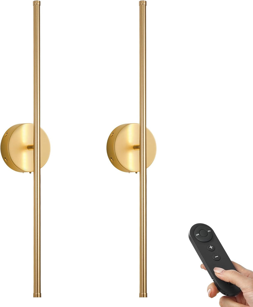 Battery Operated Wall Sconces with Remote Control, Dimmable Wall Sconces Set of Two, 350°Rotate, 3000K LED Gold