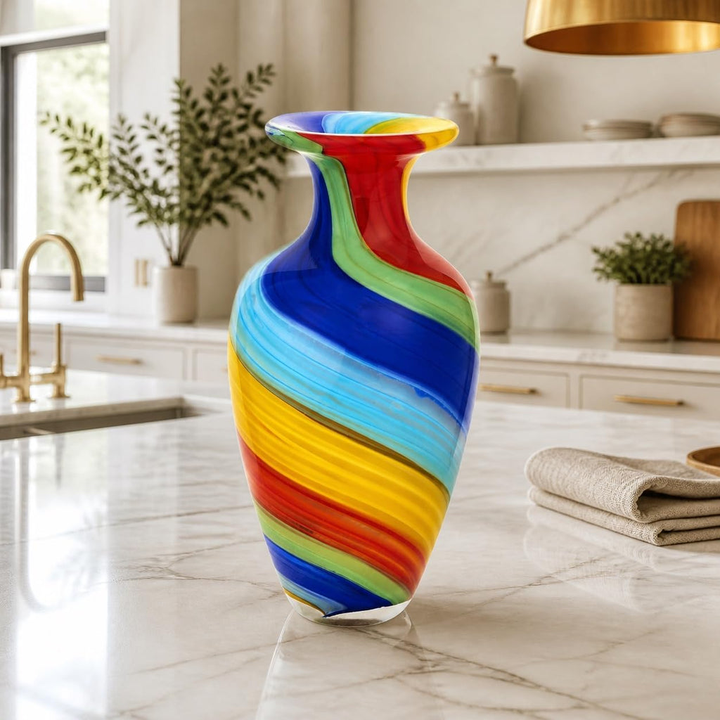 Rainbow Murano-Style Art Glass Vase - 10" Tall Mouth-Blown Glass Vase - Contemporary Home Decor Accent Piece