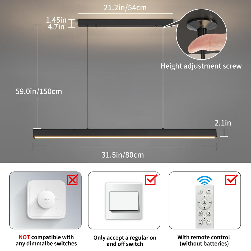 LED Linear Pendant Light, 31IN Ceiling Chandlier Light Fixtures Hanging with Remote Control 3000k-6500K Adjustable