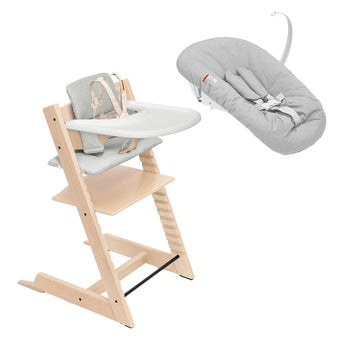 Tripp Trapp High Chair with Tray + Cushion, Natural Nordic Grey | Includes Chair, Baby Set, Removable Harness, Tray