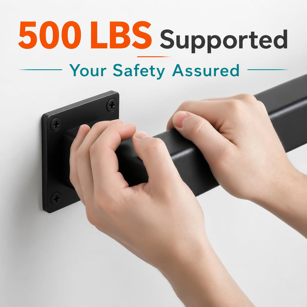 12FT Stair Railing Indoor Wall Mount, 500lb Black Handrail