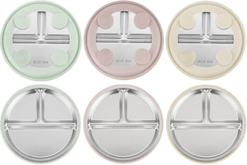 3 Pack Stainless Steel Toddler Plates with Suction, Divided Plates with Removable Silicone Sleeve for Babies &