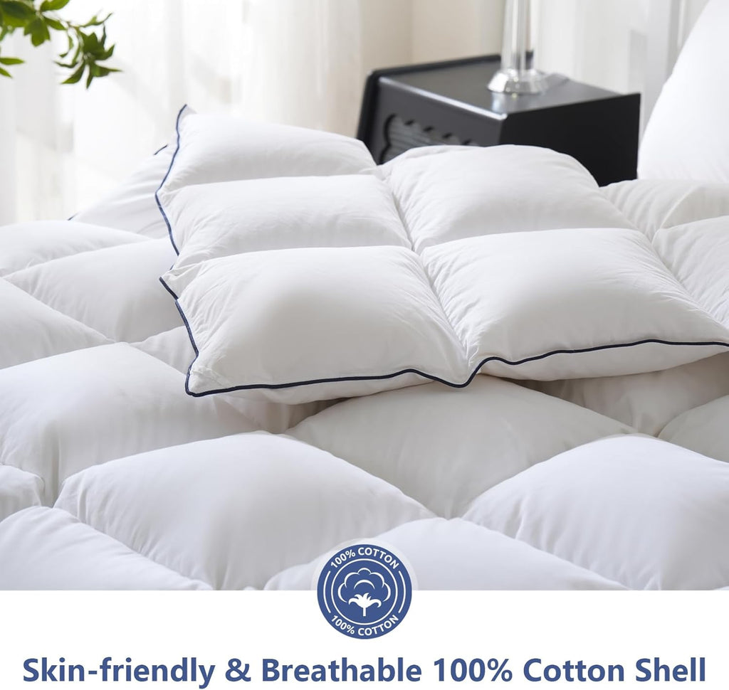 Feather Down Fiber Comforter Twin, White Fluffy Duvet Insert with Ultra Soft 100% Cotton Cover