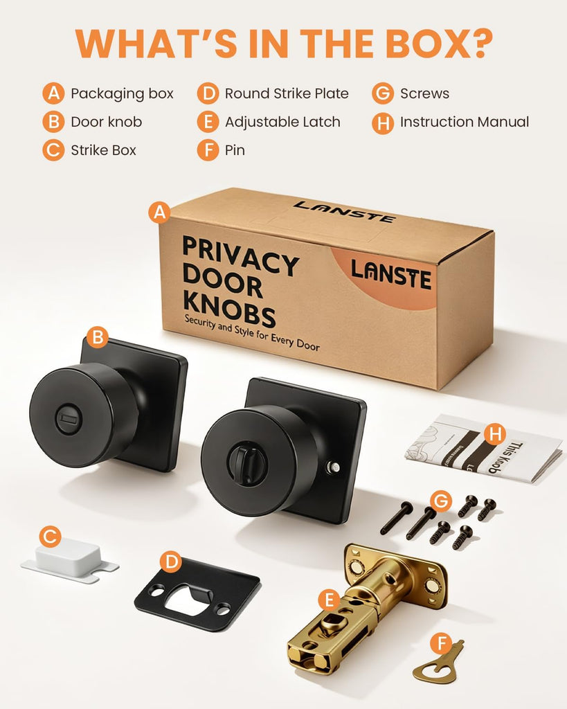Matte Black Door Knobs Interior, Privacy Door Knob Bathroom, Black Door Knobs with Emergency Release