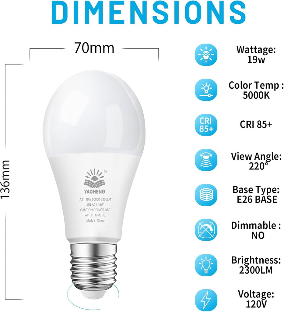 A21 LED Light Bulb, 150 Watt Equivalent LED Bulbs, 19W 5000K Daylight, 2300 Lumens, Non-Dimmable, E26 Base, Super
