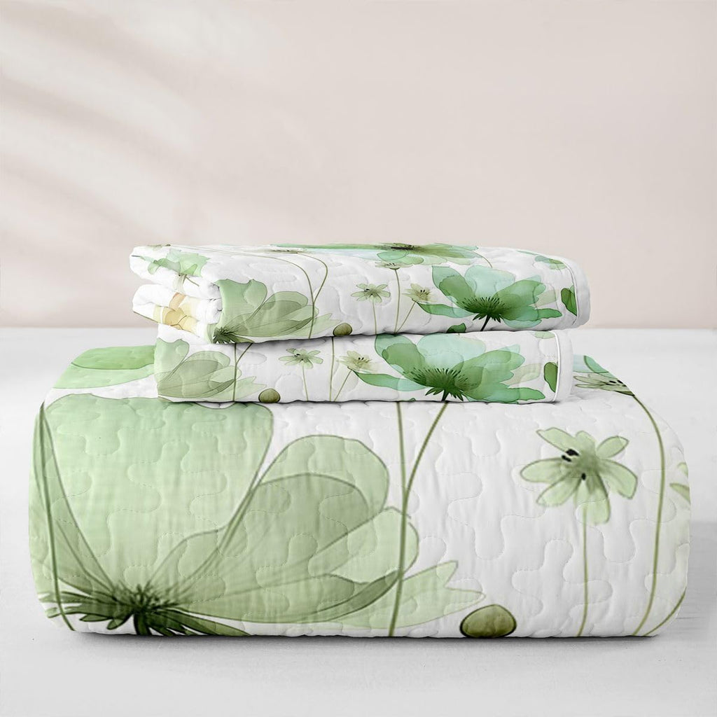 Watercolor Floral Quilted Bedspread Set Sage Flower Coverlet Set Modern Minimalist White Bed Set Farmhouse