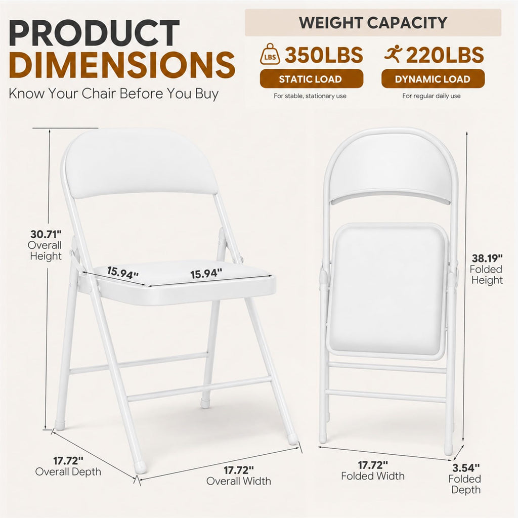 6 Pack White Padded Folding Chairs with Metal Frame
