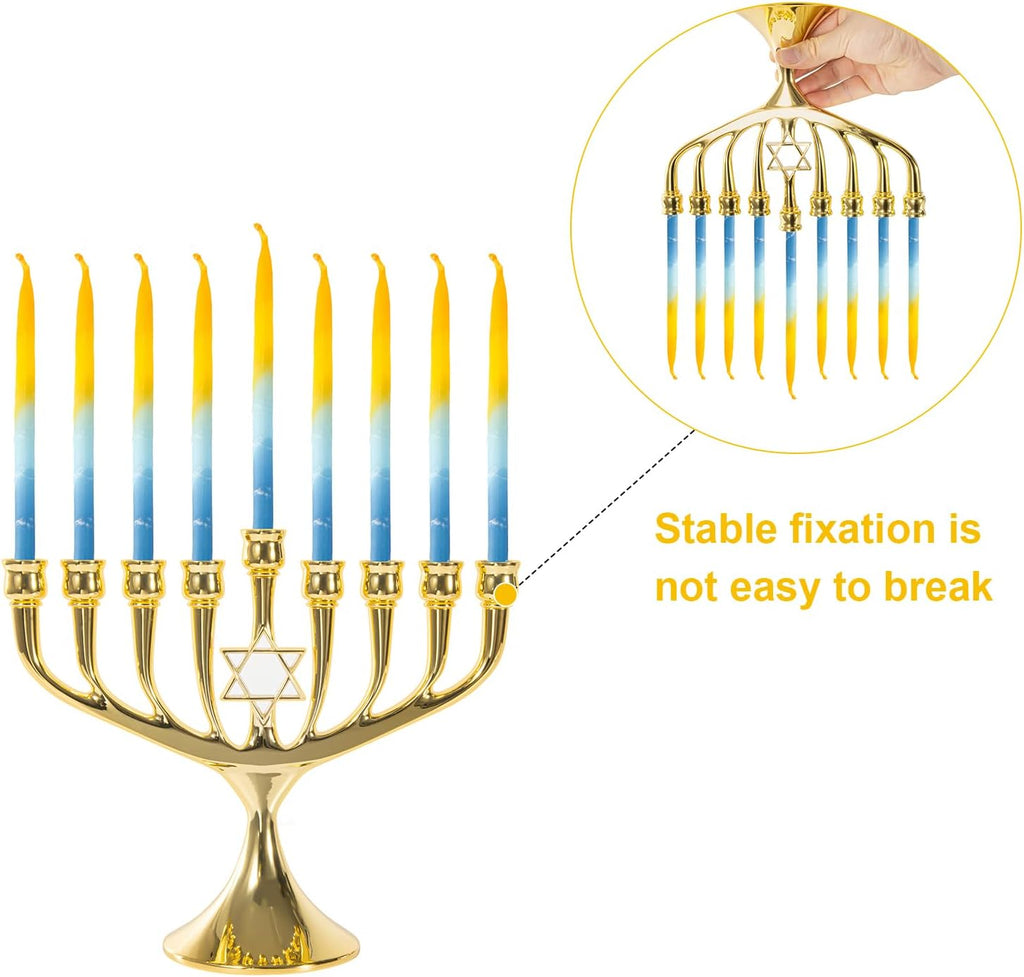Hanukkah Upgrade Cups with Built-in Pins, Star of David Candle Holders 9 Branches Gold Plated Candlesticks Jewish
