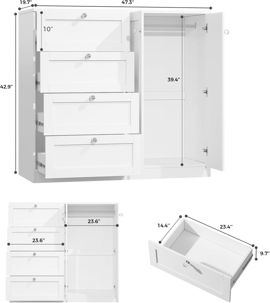 43''H Armoire Wardrobe Closet with 4 Drawers and 2 Doors | Small Clothing Storage Cabinet Dresser with Hanging Rod