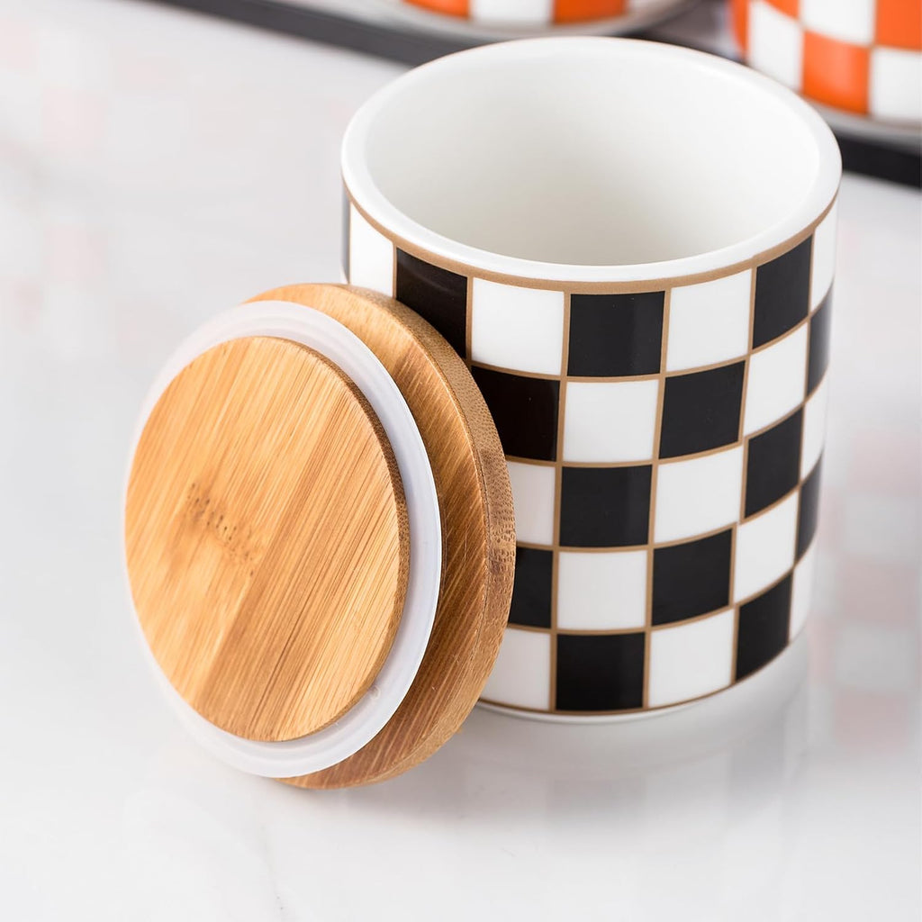 Kitchen Countertop Ceramic Checkered Canisters,Black And White Food Storage Containers With Lid,Airtight Kitchen