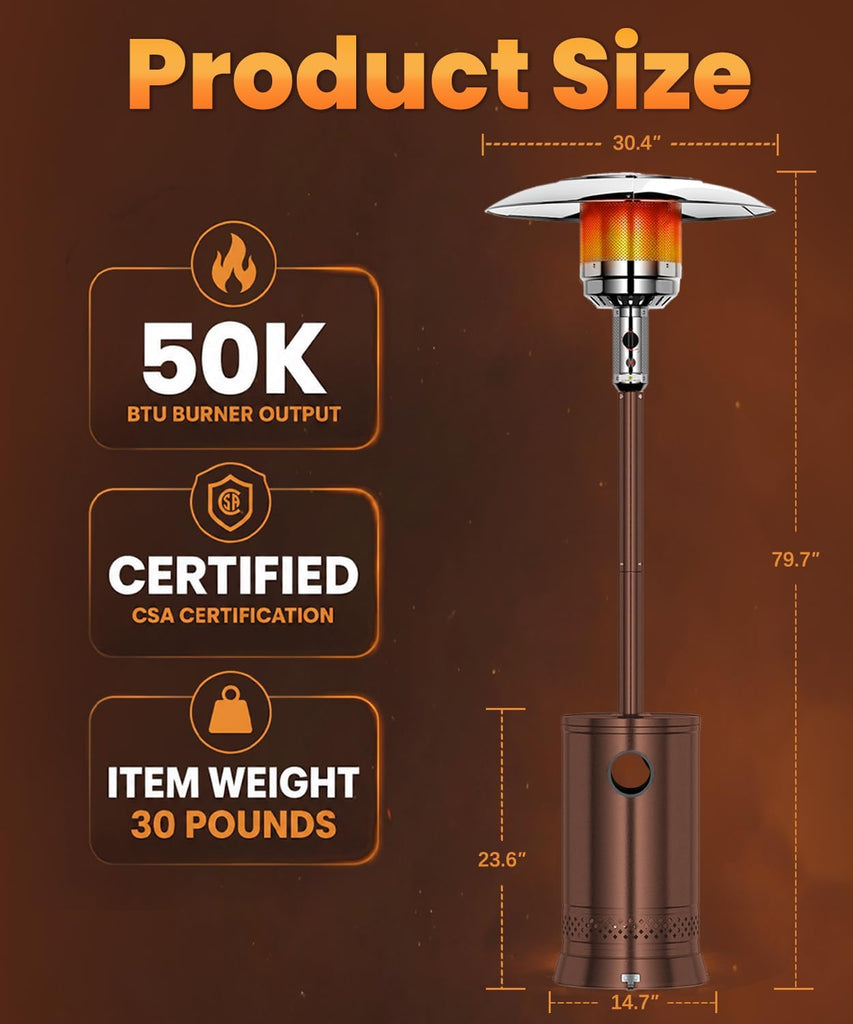 Patio Heater 50,000 BTU Outdoor Propane Heater with Wheels | Freestanding Outdoor Propane Heater with Weight Base