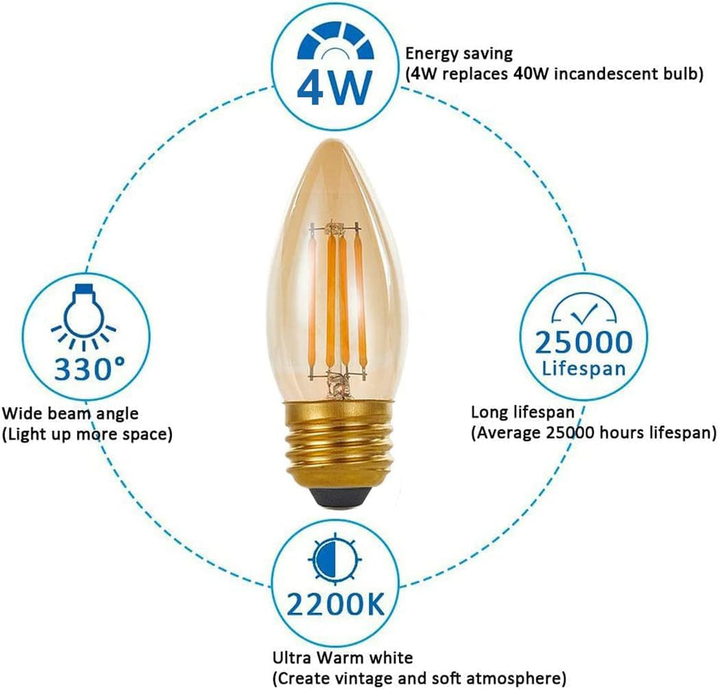 LED Filament Chandelier Bulb 4W, Vintage Classic Edison Style, E26 Standard Base Amber Glass Light Bulbs, Gold Tint