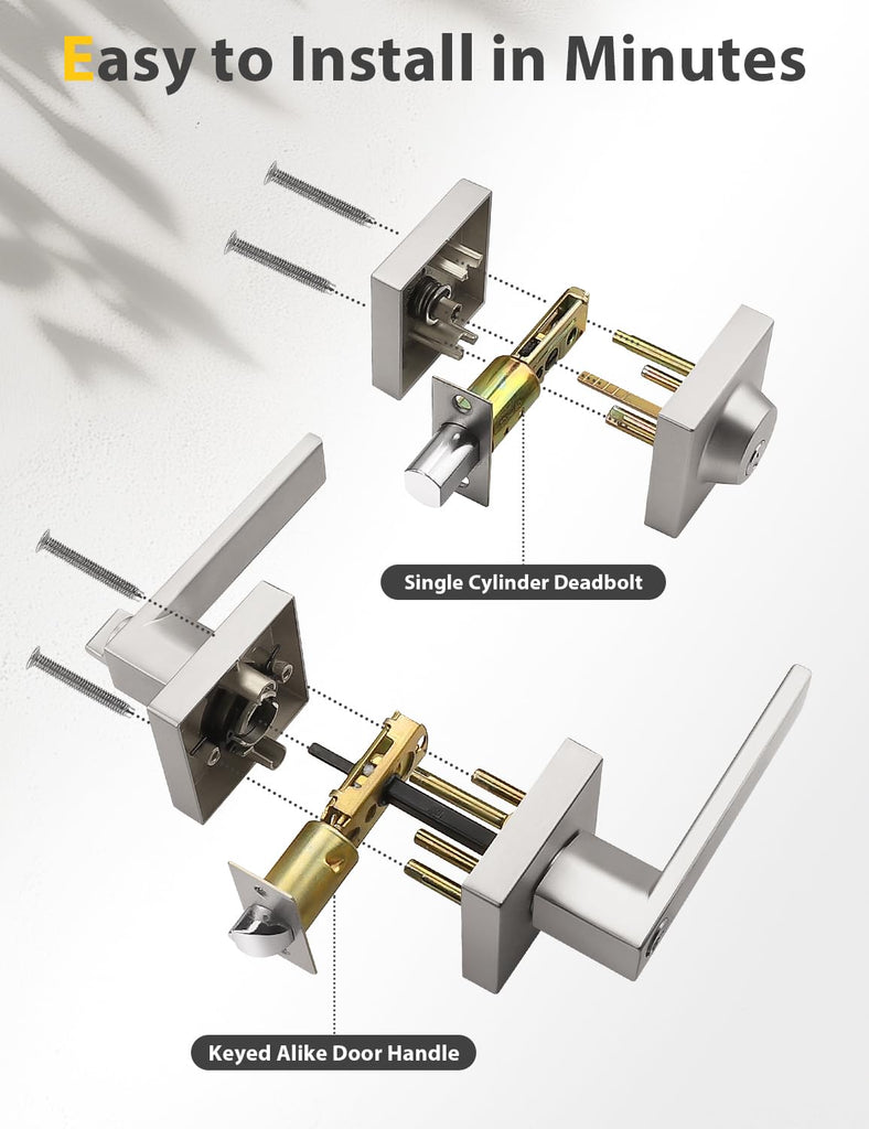 4 Pack Brushed Nickel Keyed Alike Front/Exterior Door Levers with Single Cylinder Deadbolt, Square Entry Door Knob