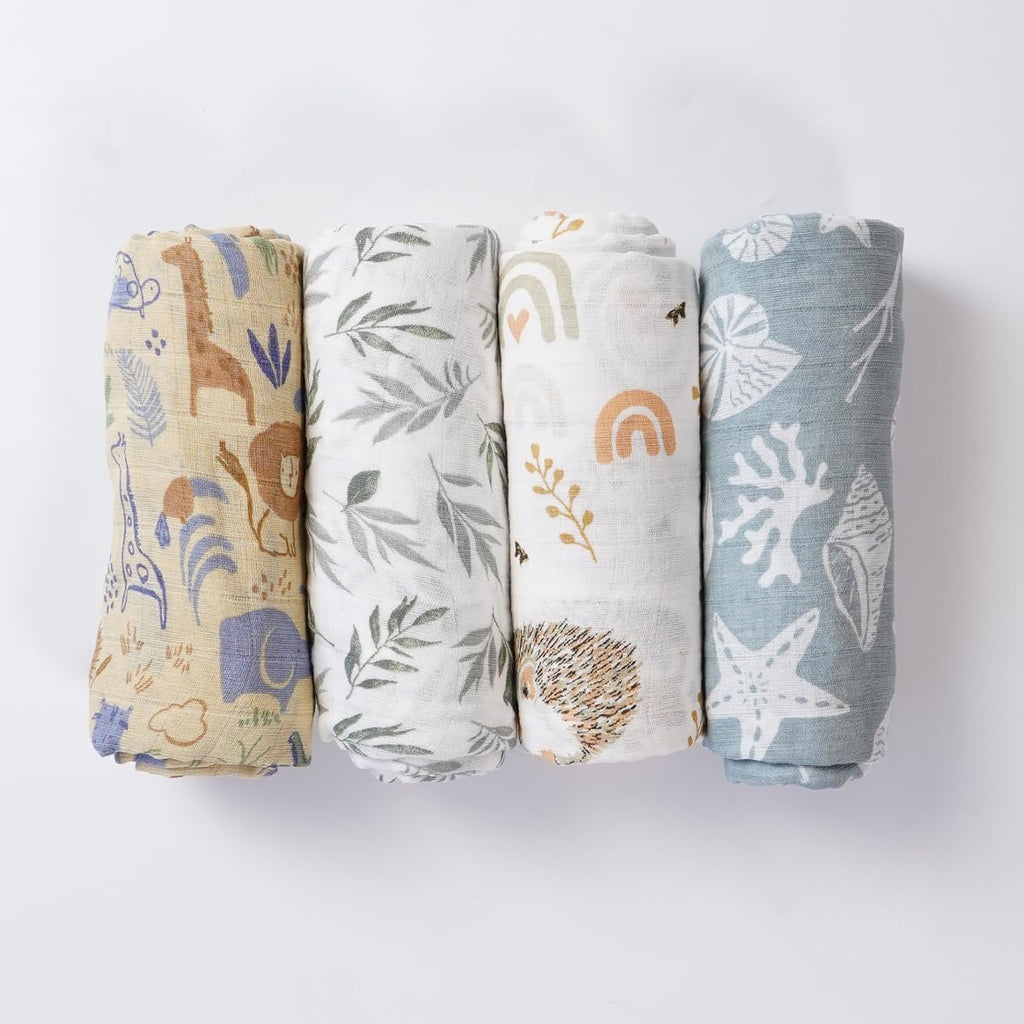 4 Set Muslin Swaddle Blankets Receiving Blanket for Baby | Boys, Girls Cute Soft Print Baby Towel Wrap