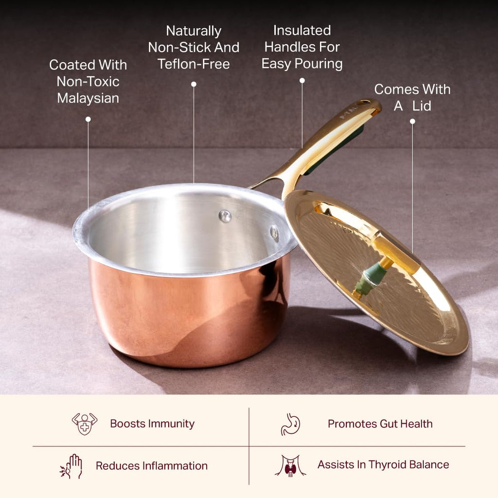 Pure Copper Saucepan with Brass Lid (1.8-Quart) - Handcrafted 100% Solid Copper Pan with Food-Safe Tin Lining