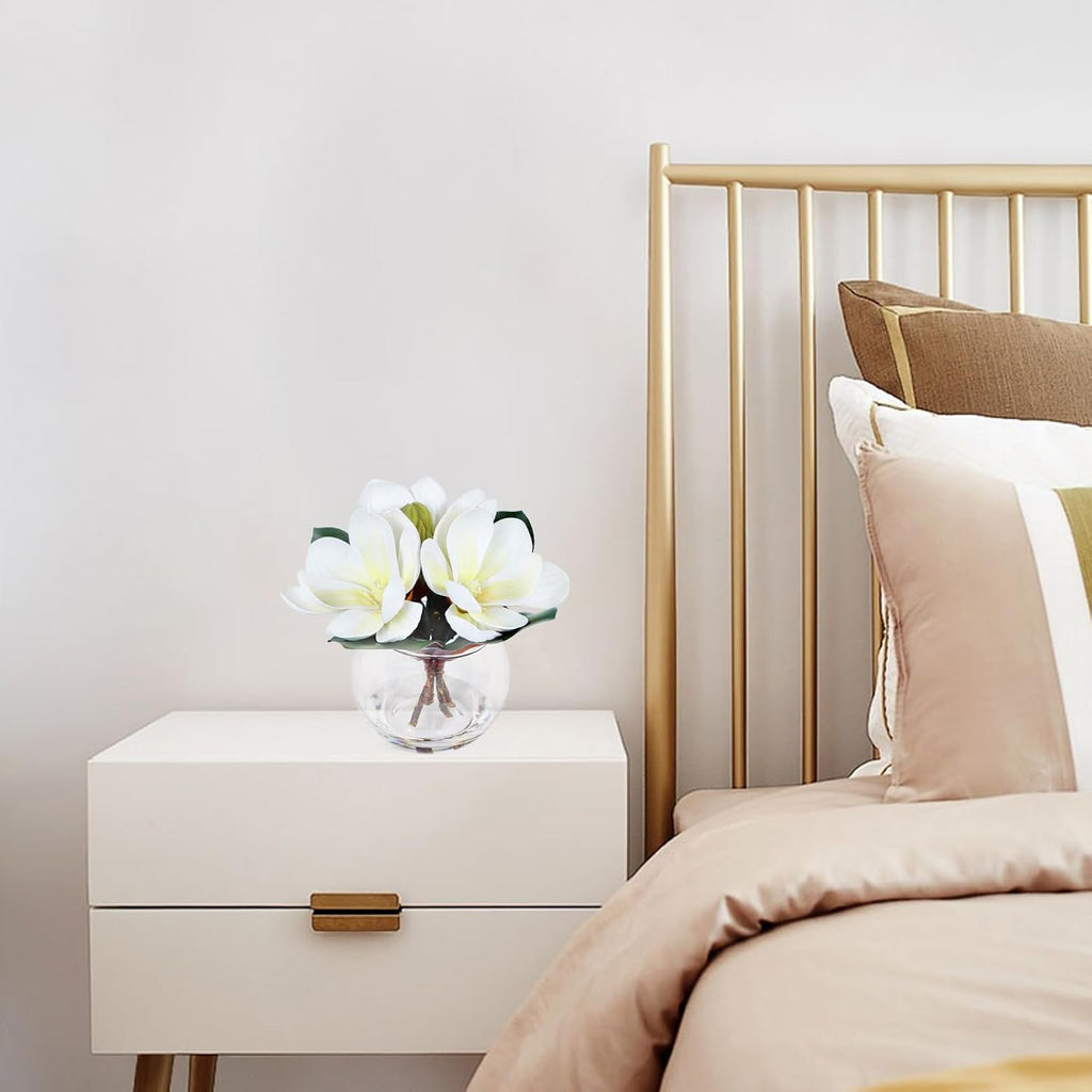 Artificial Magnolia Flowers with Vase White Fake Magnolia Flowers in Glass Vase with Faux Water Small Potted Flower