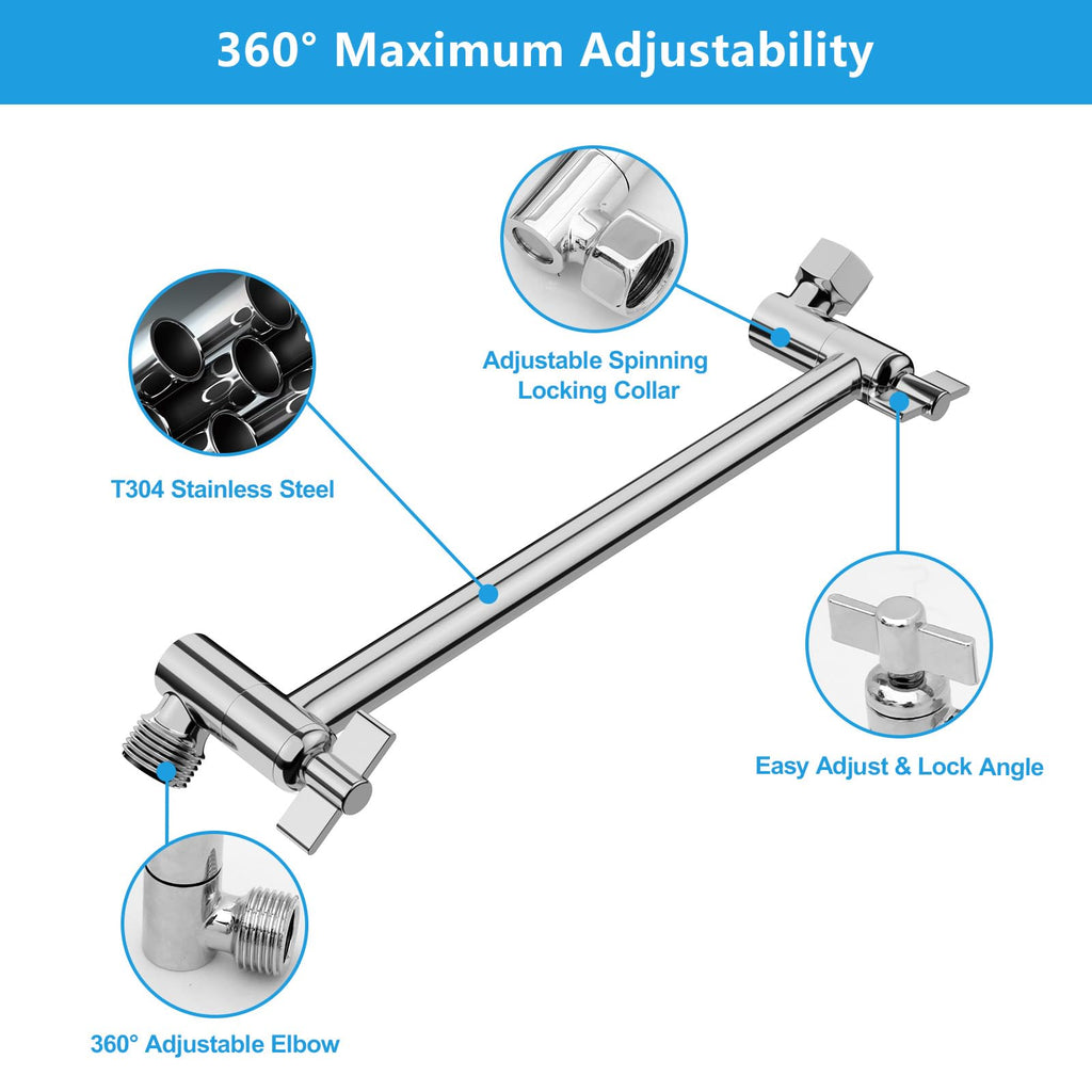 11 Inch Shower Head Extension Arm, Solid Stainless Steel & Brass