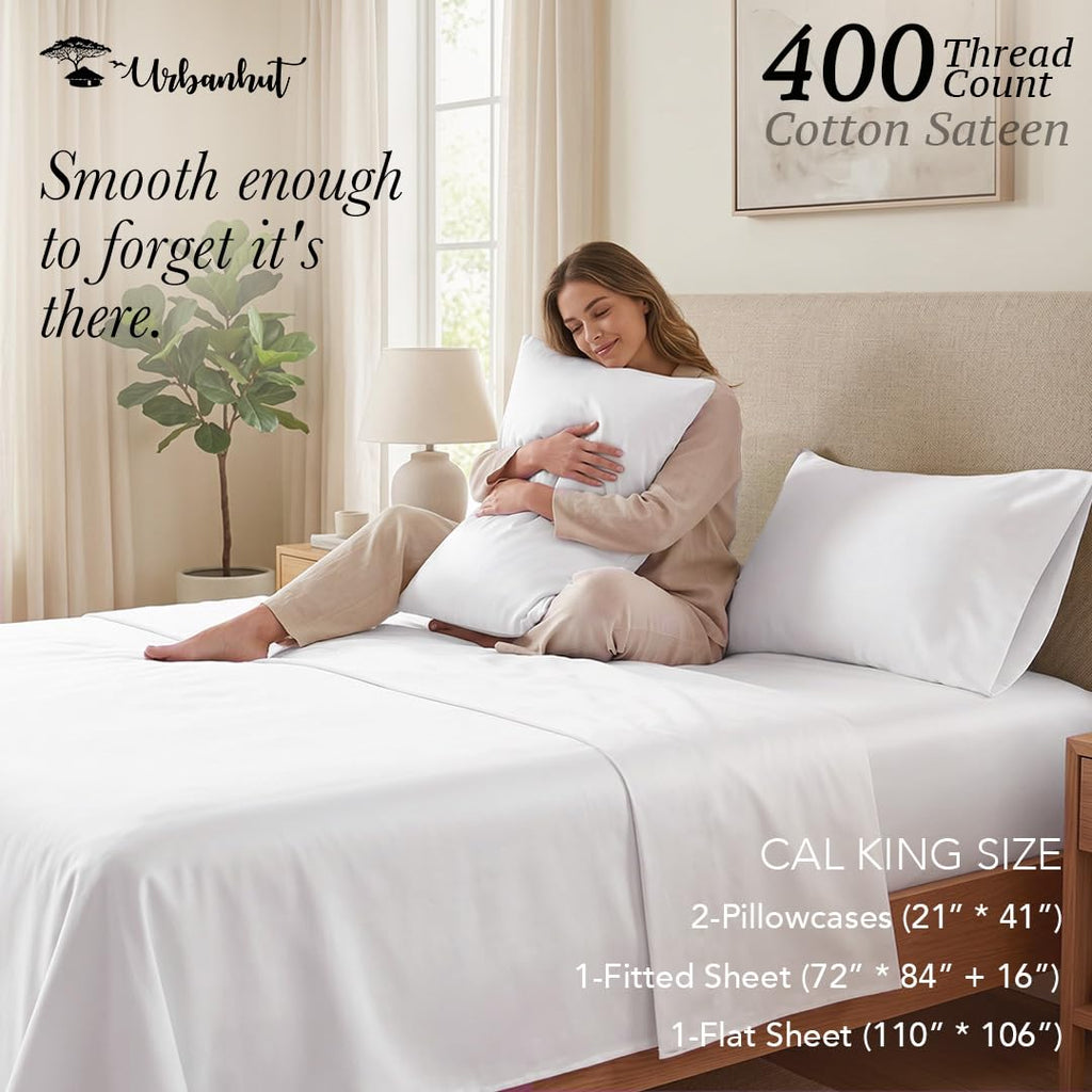 100% Cotton Sheets California King Size, 400 Thread Count - 4Pc Sheet Set for Cal King Size Bed, Long Staple Sateen