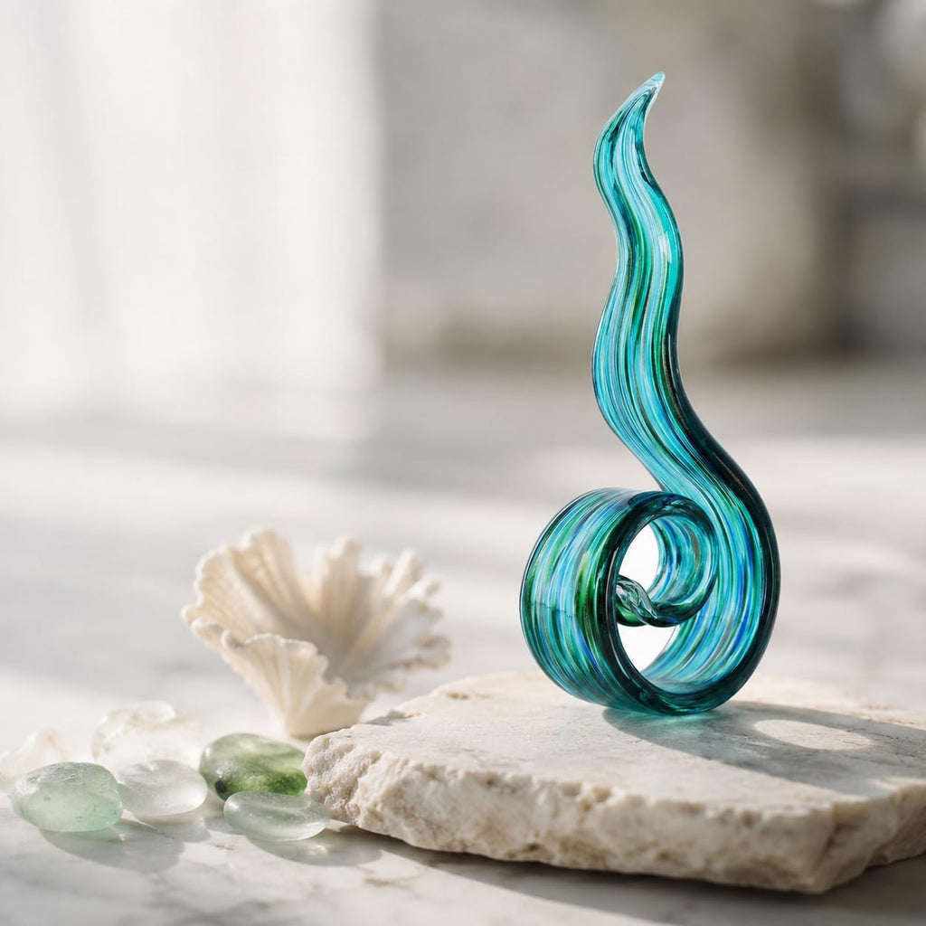 Glass Sculptures Home Decor, Hand Blown Art Glass Statue, Abstract Wave Flame Figurine Shelf Tabletop Entryway