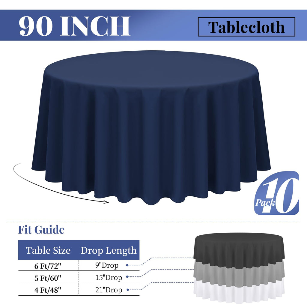 10 Packs Navy Blue Round Tablecloth - 90 Inch, Polyester
