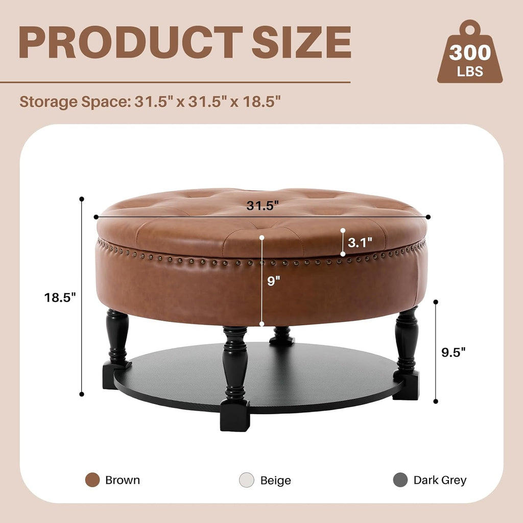 31.5 Inch Round Storage Ottoman Coffee Table with Shelf, PU Brown | Round faux leather storage ottoman coffee table