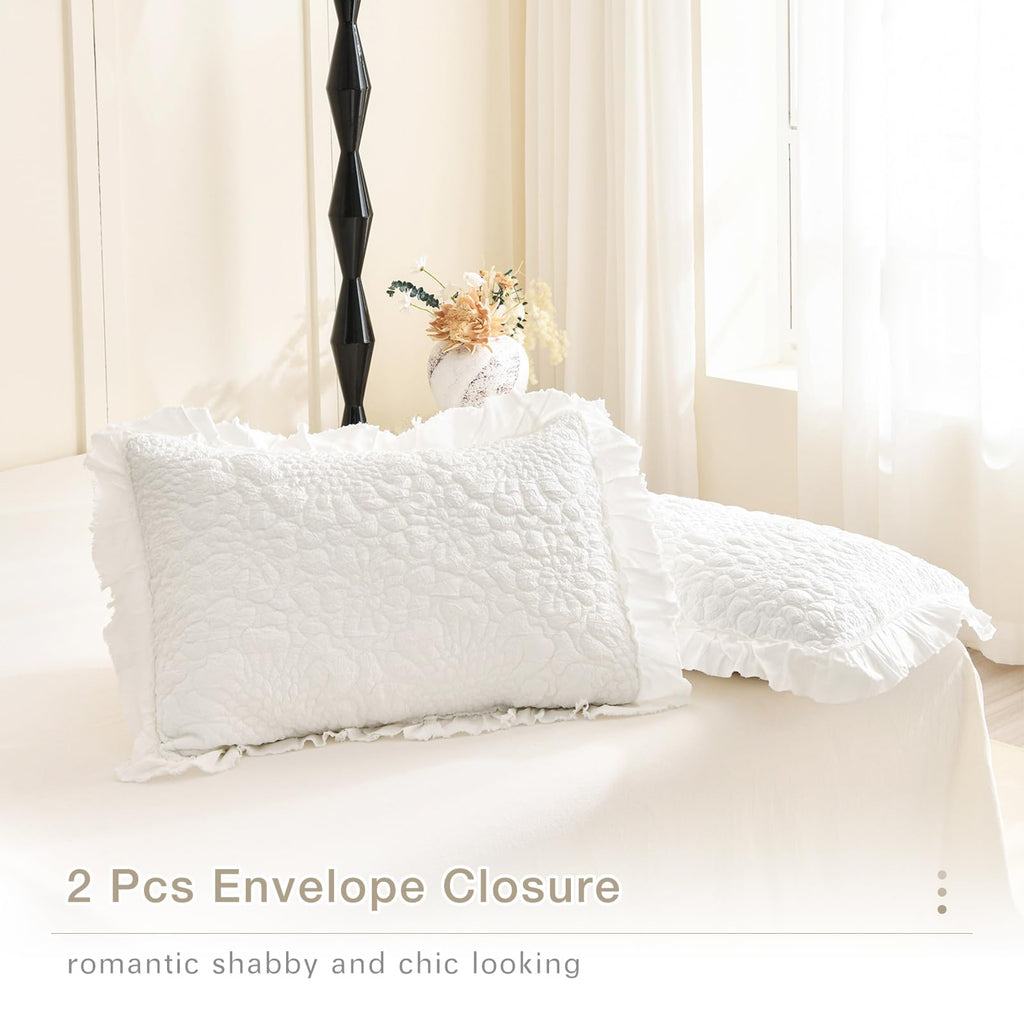 Ruffled Oversized Quilt Bedding Set(102"x118"), White Lightweight Crinkled Bedspread Oversized