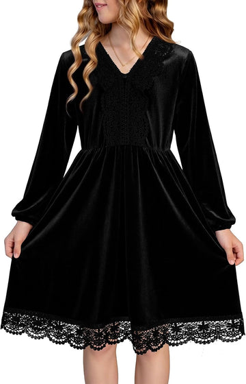 Girls Vintage Velvet Lace Fall Winter Long Sleeve Dress