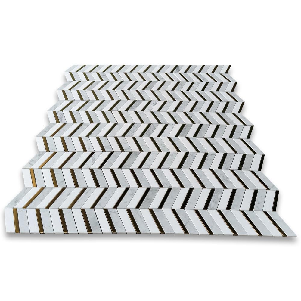 Thassos White Carrara White Marble 1x3 Artistic Chevron Mosaic Tile w/Brass Strips Polished Kitchen Bath Wall Floor