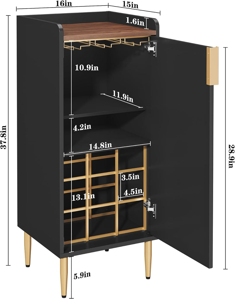 Mini Bar Cabinet , Fluted Wine Bar Cart with Wine Racks & Wine Glass Holder, Modern Corner Liquor Cabinet (Black)