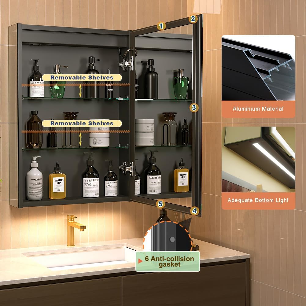 20 * 28 Right Hinge LED Bathroom Mirror Cabinet, Aluminum Medicine Cabinet | Light Adjustable, Sockets & USBs inside