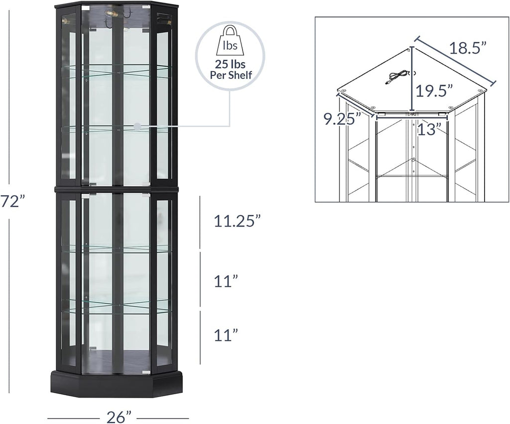 Lighted 3-Side Glass Display Curio Cabinet with Tempered Glass Doors and Shelves, Curved Wood Corner Cabinet with