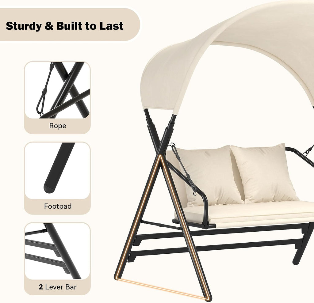 Outdoor Porch Swings for Adults 600LBS 2 Seat Patio Swings with Canopy Stand Thick Cushion Pillows Metal Steel Frame