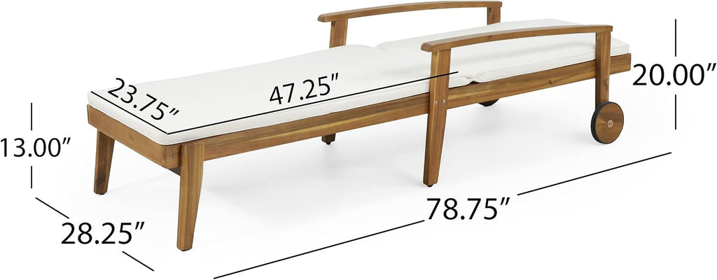 Acacia Wood Outdoor Chaise Lounge, Adjustable Reclining Patio Chair with Cushions, Modern Thin Slat Design, Durable