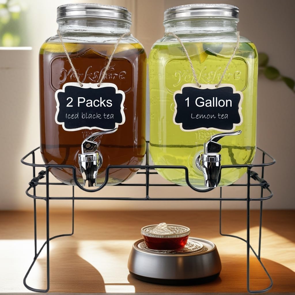 1 Gallon Glass Drink Dispenser for Parties, 2 Packs Juice Lemonade Ice Tea Water Dispenser with Stand, Beverage
