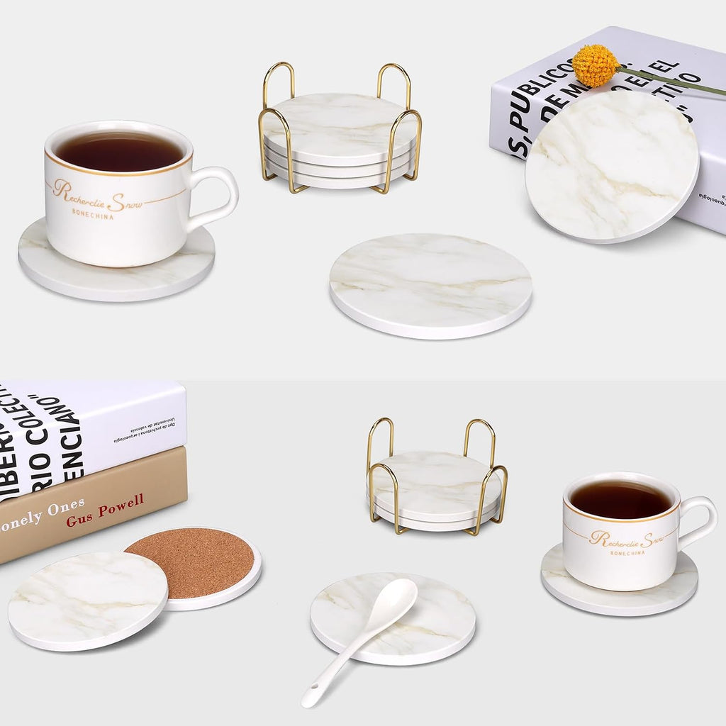 White Marble Style Ceramic Coasters with Holder Modern Coffee Table Decor Drink Coaster Gifts Absorbent - Set of 6