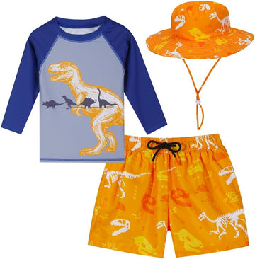 Baby Boys Swimsuit, Piece Toddlers Swimsuit Trunk Long Sleeve Rashguard Swimwear and Sun Hat Set