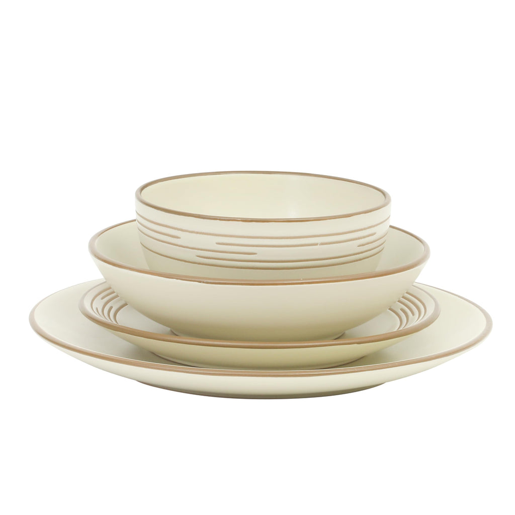 Chiswick House 16-Piece Stoneware Dinnerware Set, Round Plates and Bowls Set for 4, White with Wax Relief Embossed