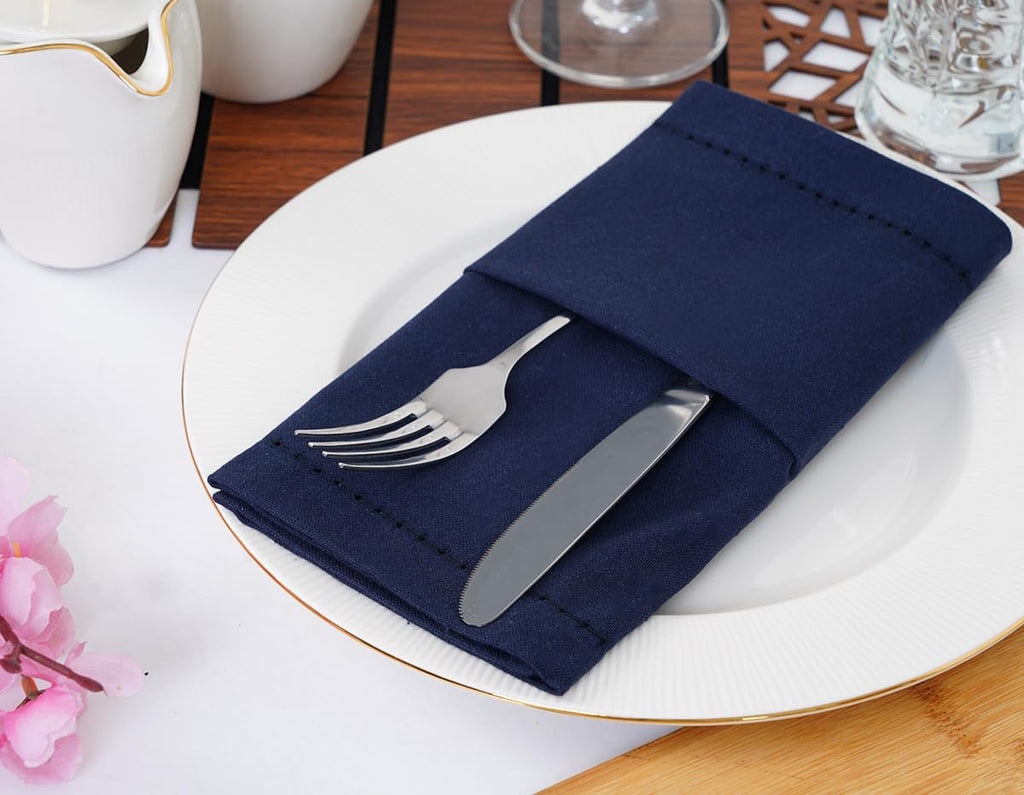 Navy Blue Hemstitch Linen Napkins Set of 12-100% Cotton Cloth Dinner Napkins 18x18 inches, Soft, Reusable, Absorbent