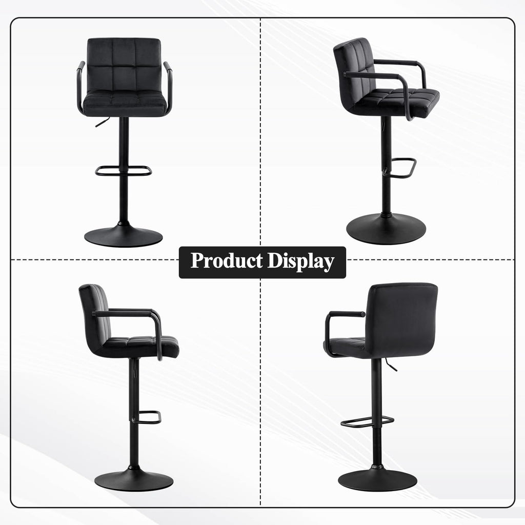 Adjustable Barstools with Back, Black bar stools Set of 2, Velvet 360°Swivel Bar Stools, Double Stitching Counter