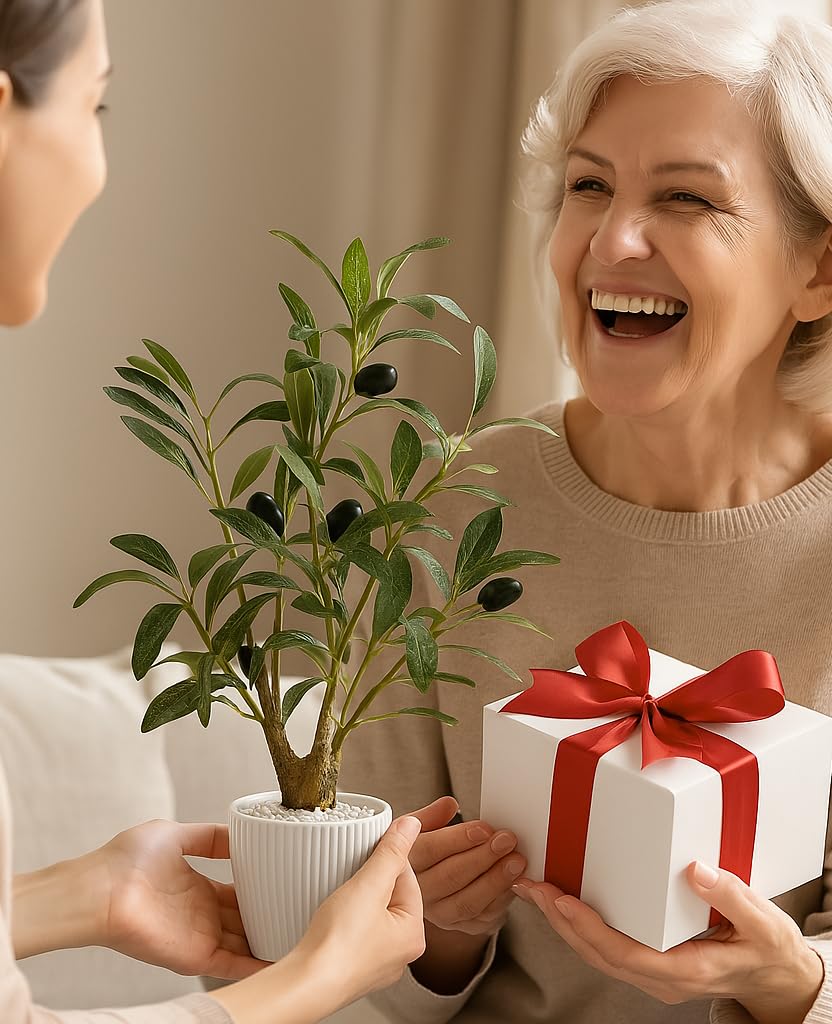Faux Olive Tree, 16.9 Inches Small Fake Olive Trees with White Pot, Realistic Fake Tree Potted Plant and Lifelike
