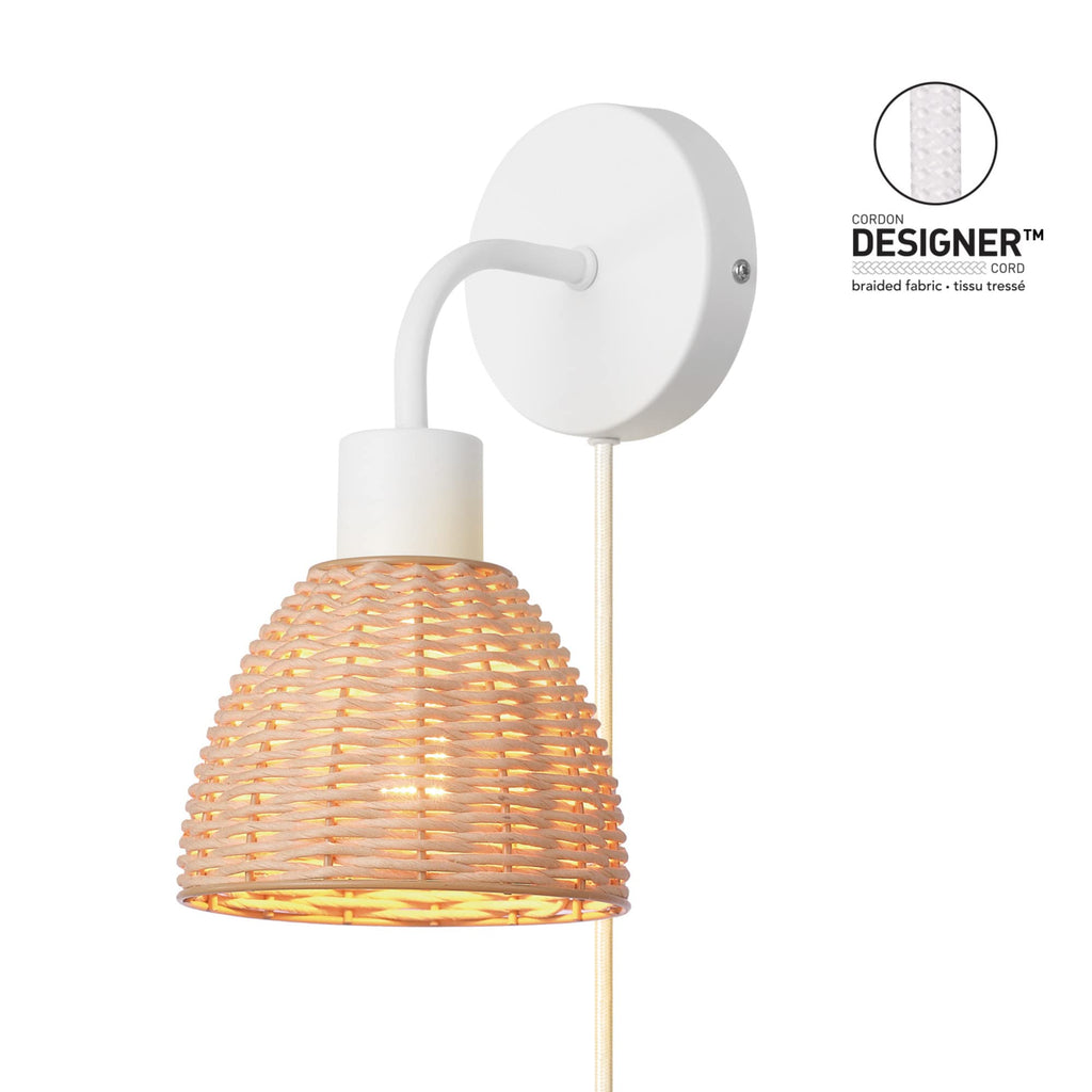 Briar 1-Light Plug-in or Hardwire Wall Sconce, Matte White, Rattan Shade, 6ft White Braided Fabric Designer Cord