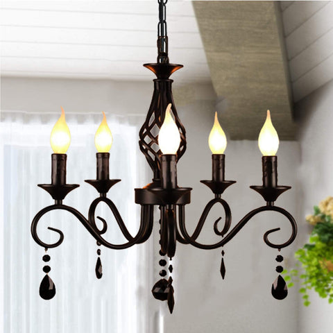 Farmhouse Black Crystal Candle Chandelier, 5 Lights Rustic Industrial Vintage Pendant Light Fixture Hanging Light for Living Room Bedroom Hallway Kitchen Dining Room, E12 Socket A109-B0DSB77VJR