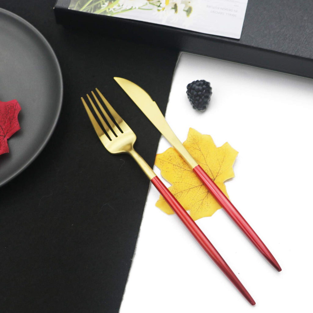 Luxury 18/10 Red Handle Flatware Gold Silverware Set 304 Stainless Steel Flatware Cutlery Set| 5-Piece Adaline Royal