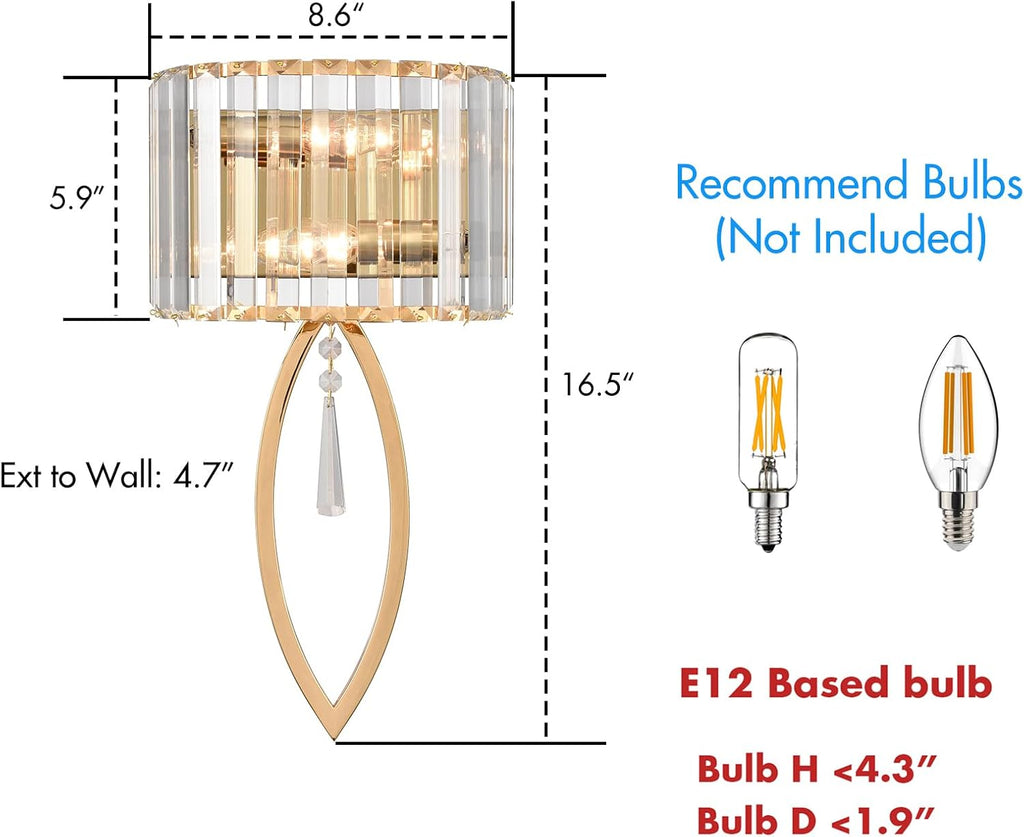 Mid Century Wall Sconces, 2-Light Elegant Crystal Gold Wall Light for Bathroom Bedroom Hallway | Elegant Crystal Gold