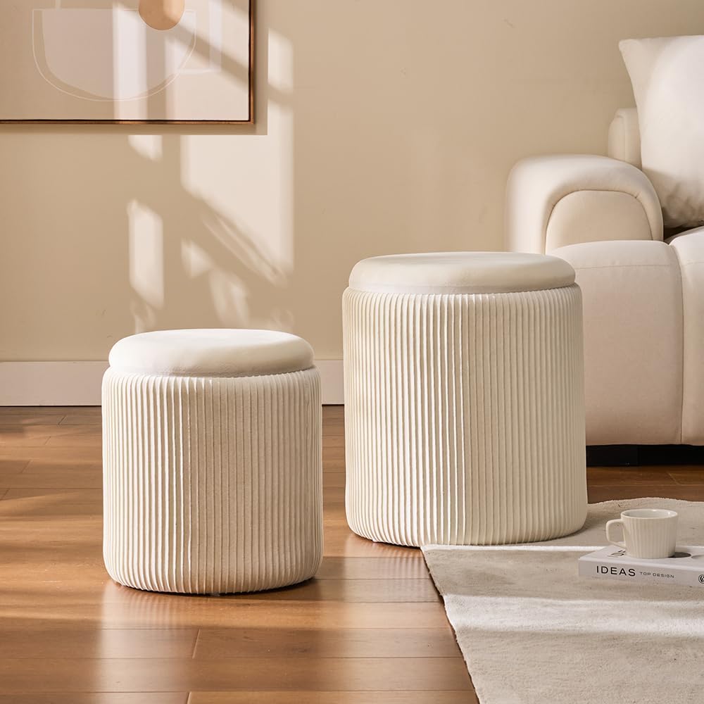 Set of 2 Round Storage Ottoman, White Velvet Ottoman with Storage | Upholstered Padded Vanity Stool, Multifunctional