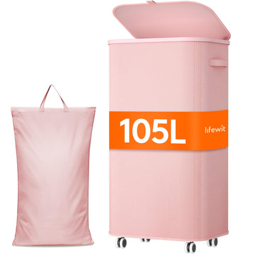 105L Large Laundry Basket with Wheels and Lid, Pink