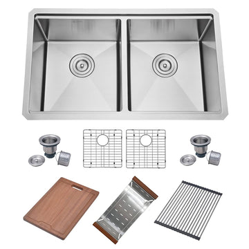 32 Undermount Double Bowl Workstation Kitchen Sink with Accessories 16 Gauge Stainless Steel 50/50 Bowl