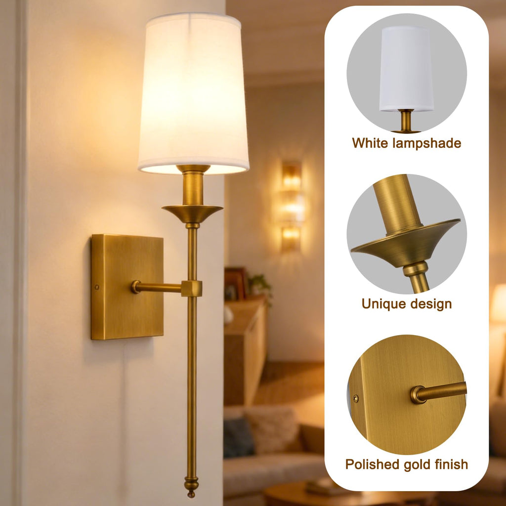 Hardwired Wall Sconces Set of 2, Mid Century Candlestick Style Wall Mounted Sconce with Pure White Cylindrical Shade