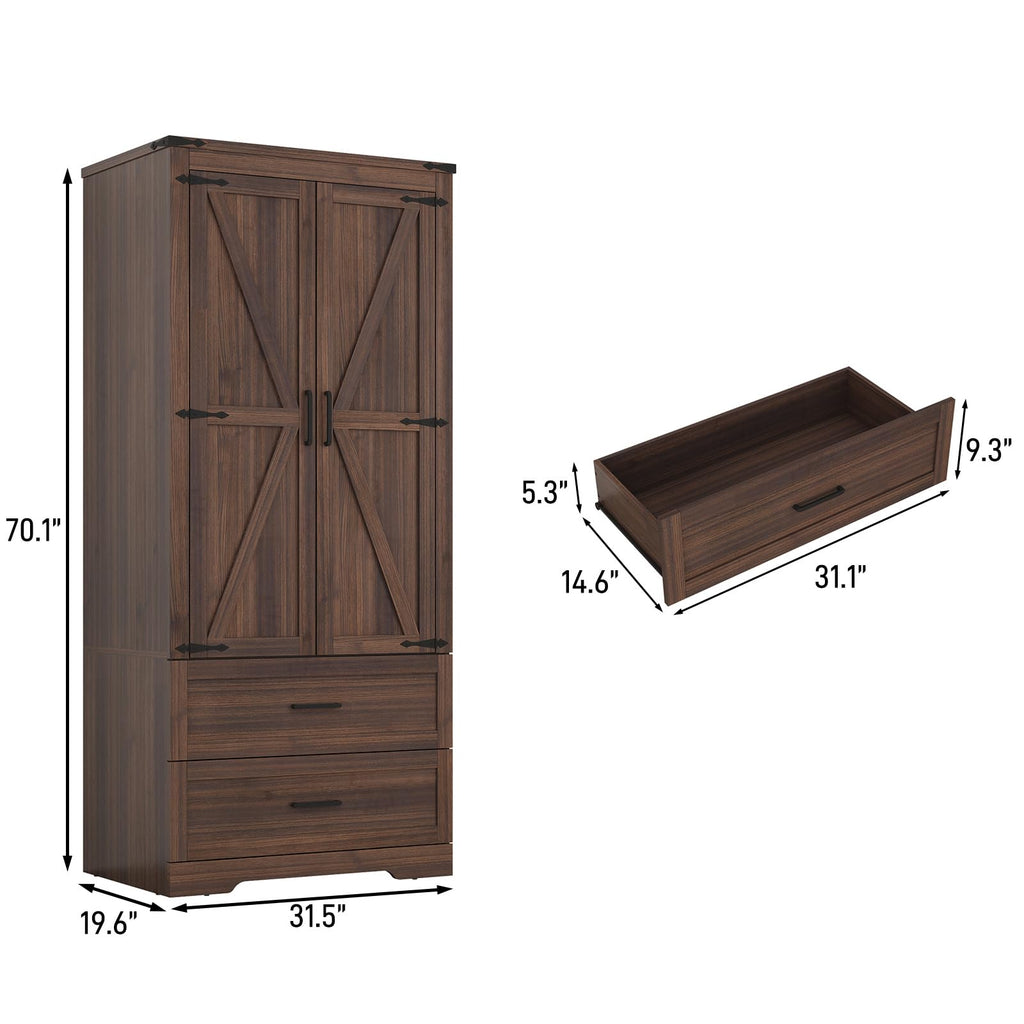 2 Doors Wardrobe Armoire Closet with Doors and Drawers, Farmhouse Wooden Armoire Storage Cabinet with Shelves &